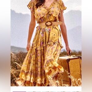 Spell & The Gypsy Wild Bloom Mustard Yellow Floral Maxi Dress Gown Medium